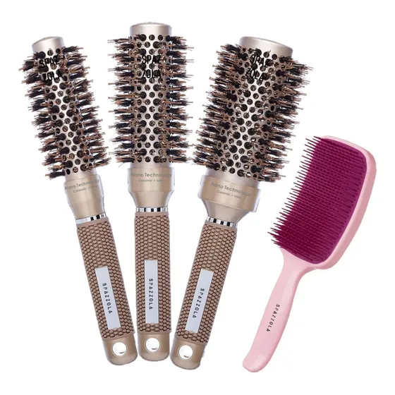 Kit Salão 3 Escovas Cerda Javali Vazada + Raquete