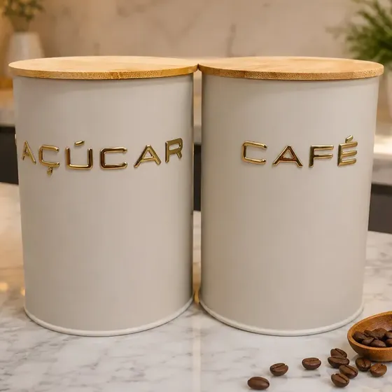 Potes Herméticos Para Café e Açúcar com Tampa de Bambu LicyHome – Kit 2 Unidades Bege 1.3L