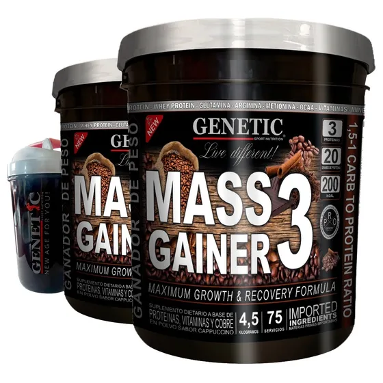 2 Mass Gainer 4.5kg Rápido Aumento Muscular + Shaker Genetic