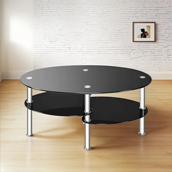 Mesa De Centro Ovalada De Vidrio Negro, Moderna Y Espaciosa