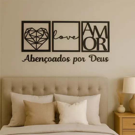 Kit 3 Quadro Amor Coração + Frase Abençoados Por Deus Mdf Preto Preto