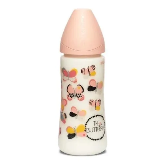 Mamadera Suavinex 360ml Fisio Silic +4m  Mariposa Rosa Flabe