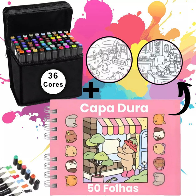 Kit Livro De Colorir + Canetinhas Touch 36 Cores Ponta Dupla Kit Livro De Colorir + Canetinhas Touch 36 Cores Ponta Dupla