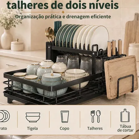 Escorredor De Louça Cozinha Aço Inox Talher Tigela Hikuca Preto