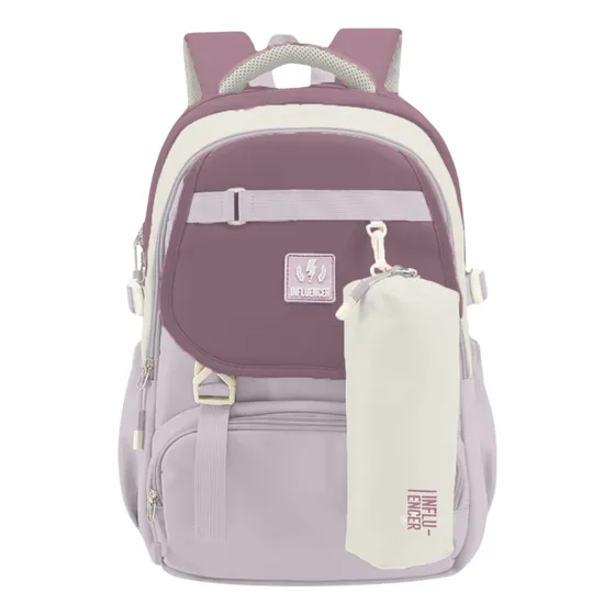Mochila Con Cartuchera Porta Notebook Escolar Influencer Reforzada Unisex Urbana Universidad Color Violeta