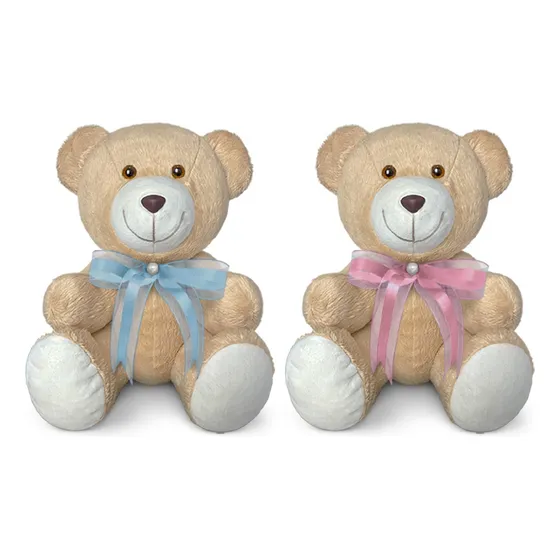 Kit Urso Pelúcia Laço Rosa Azul Chá Revelação Decoração 25cm