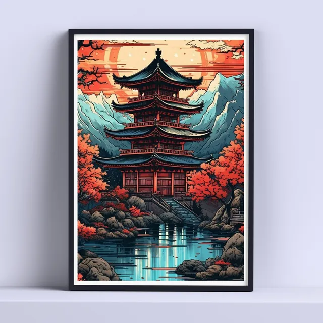 Cuadro Templo En Lago  Decorativo 30x40cm Con Vidrio