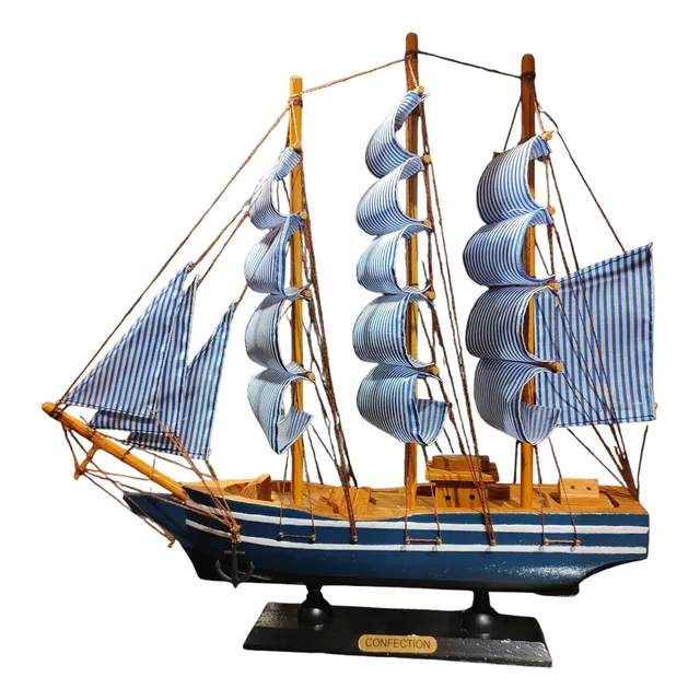 Barco Madera Artesanal Velas Azules 33*31*6 Cm