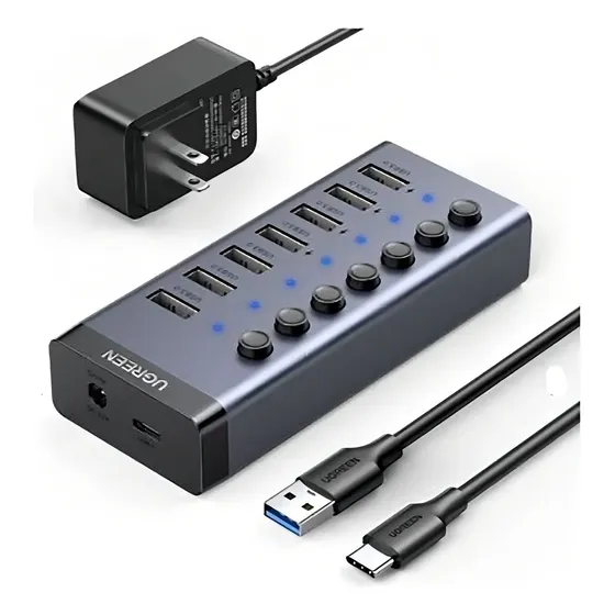 HUB de 7 Puertos UGREEN USB 3.0 4 puertos de Carga Inteligente Interruptor Individual Indicadores LED USB 3.0 a 5Gbps 1 USB-C Hembra solo datos Incluye Adaptador de Corriente 12V 2A 7 en 1 | Cuotas sin interés