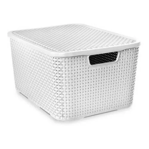 Caja organizadora mediana de ratán blanco con tapa de 15 litros
