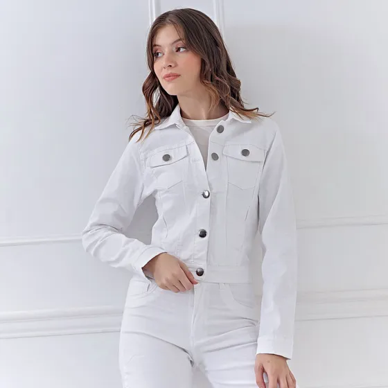 Campera Blanca De Jean Clásica Entallada De Mujer Elastizada