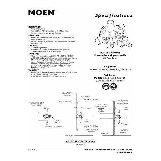 Moen 2590 1 2  Ips Rosca Tamaño Tubo Hierro Posi Temp In Fg