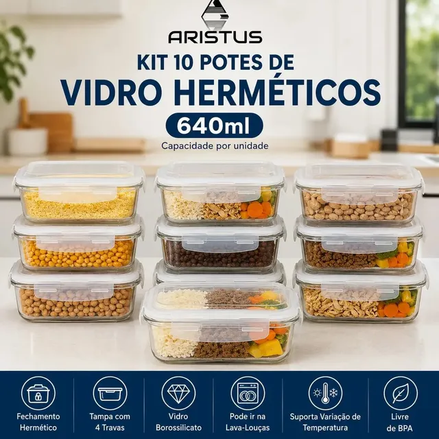 Kit 10 Potes Vidro Hermético Aristus 640ml Marmita Anti Vazamento Forno Micro-ondas Freezer Tampa 4 Travas - Branco