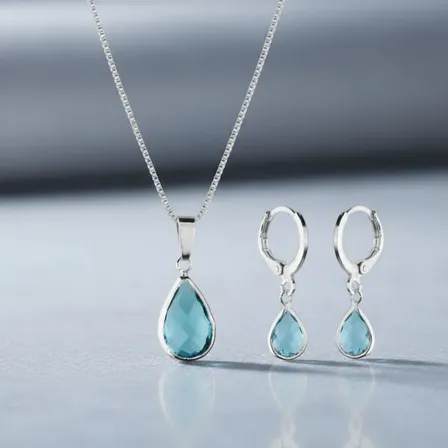 Conjunto Colar E Brinco Gota Azul A Prata 925 Fique Linda Prata 925/azul