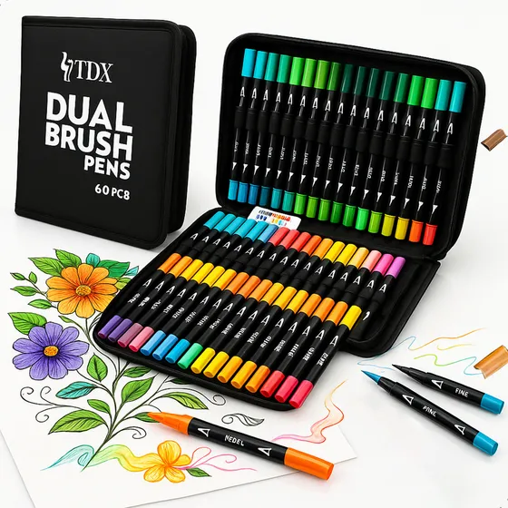 Conjunto De Canetas Com 60 Cores + Pasta Com Zíper Para Livros De Colorir Brush Pen Canetinhas Coloridas Escolar Desenho Profissional Ilustra Ponta Dupla Estojo Caneta Touch Cores Fofar Marca Tdx