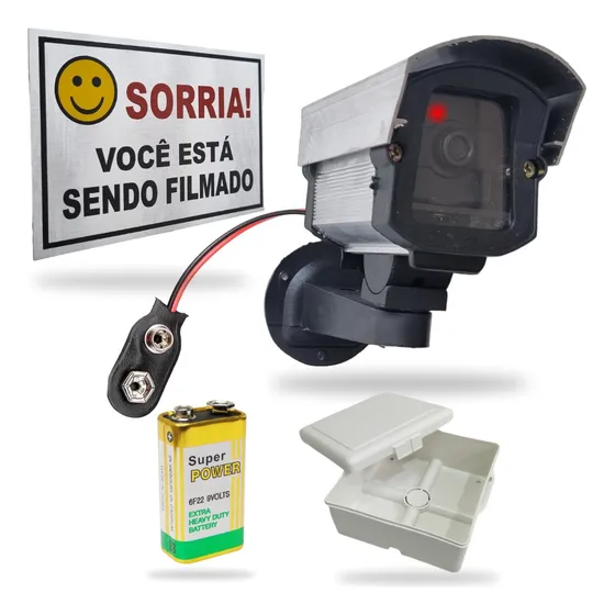 Kit Câmera Falsa Led Com Bateria + Placa Sorria + Caixa Cftv