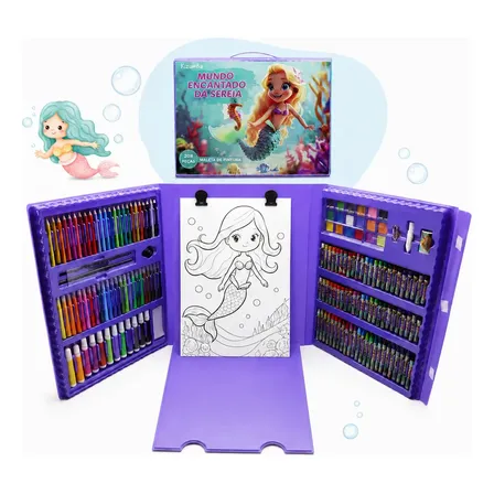 Maleta de Pintura Infantil Sereia 208 Peças Estojo Escolar para Colorir com Lápis de Cor Canetinhas Giz Aquarela Cavalete e Acessórios Kit Material Escolar Presente Kizumba