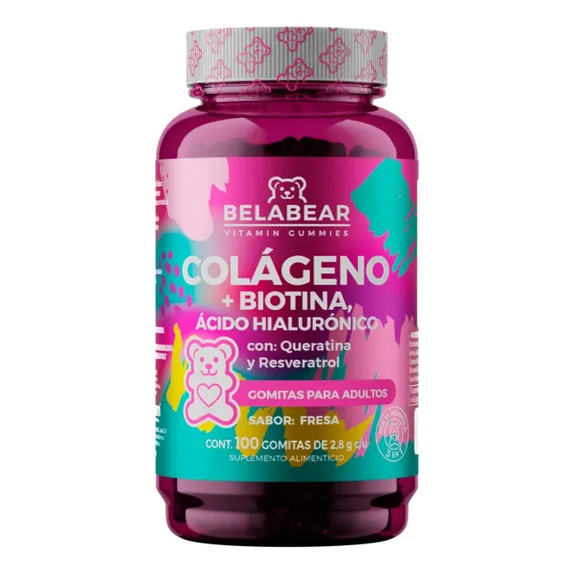 Belabear Colágeno + Biotina Y Ácido Hialurónico 100 Gomitas Sabor Fresa