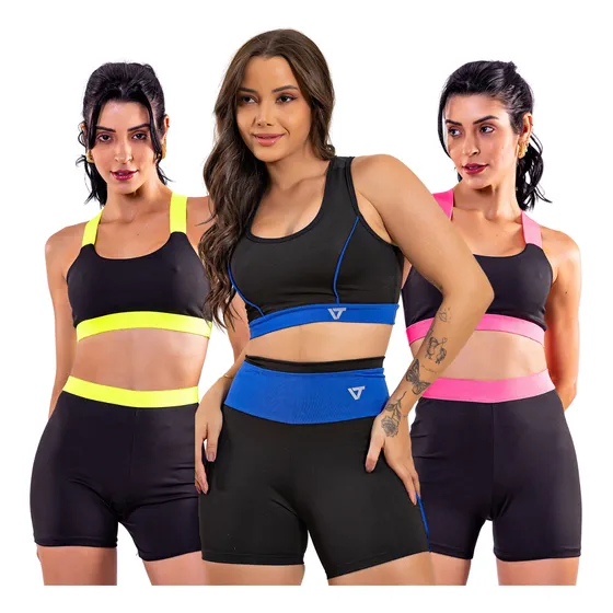 Kit 3 Conjuntos Academia Short E Top Treino Caminhada Fit