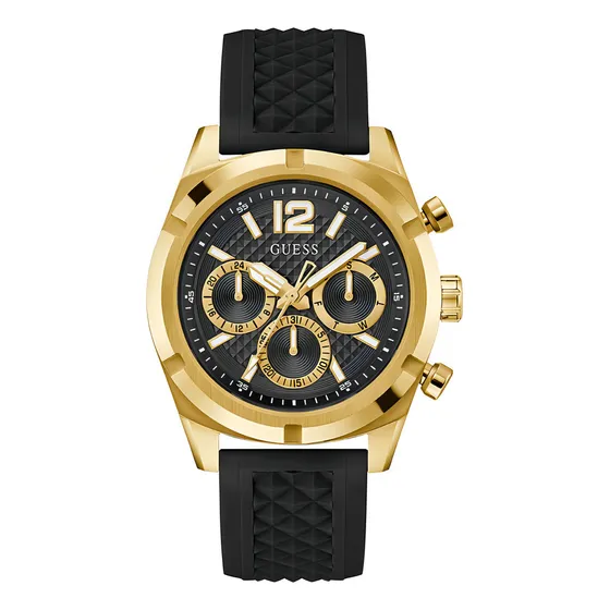Reloj Guess Gw0729g2 Hombre Multifuncion Malla Negro Bisel Dorado Fondo Negro
