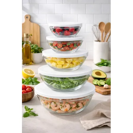 Kit 5 Potes Vidro Tampa Branca Tigela Redondo Bowls Mantimentos Sublimente Branco