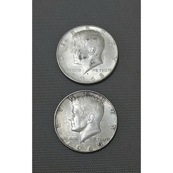 Lote 2 Moedas De Prata Half Kennedy Dollar 1968 E 1969 Rara