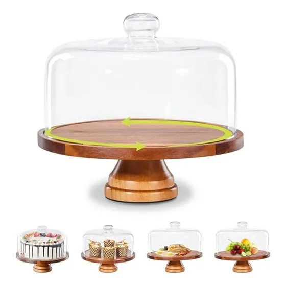 Stand De Pastel De Vidrio Con Tapa Y Base De Madera 11 