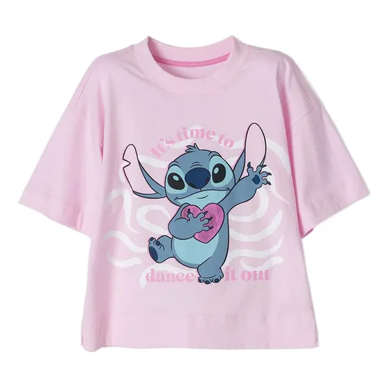 Camiseta De Stitch Manga Corta Rosada Para Niña