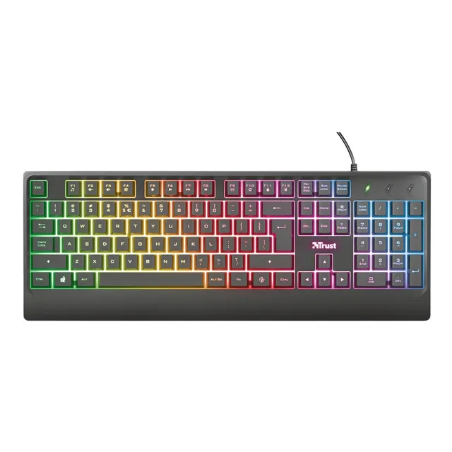 Teclado gamer Trust QWERTY español España color negro con luz rainbow