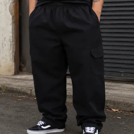 Calça Cargo Sarja Real Plus Size Larga Folgada Skate Casual Preto G1