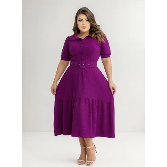 Vestido Midi Elegante Jacquard Com Cinto Moda Chique Mulher