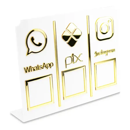 Display Placa 3 Em 1 Whatsapp Pix Instagram Qr Code Branco Branco e dourado Plaquinha Balcão Bancada Loja Comércio