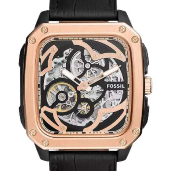 Reloj Fossil Inscription Skeleton Automatico Hombre Bq2572 Correa Negro Bisel Oro Rosa Fondo Transparente