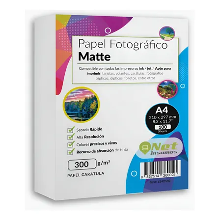Papel Fotográfico Matte A4 300 Gr Resma 100 Hojas Blanco