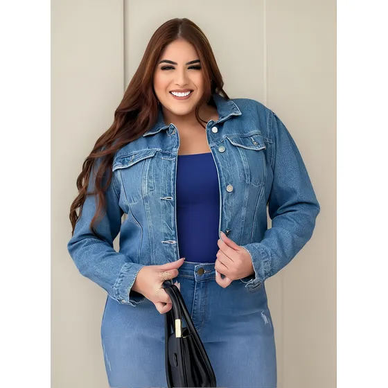 Jaqueta Cropped Jeans Plus Size Feminina Premium