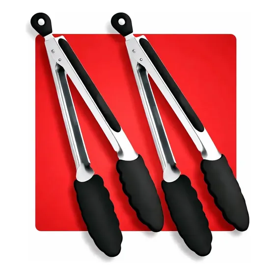 Kit com 2 Pegador Silicone 27cm Inox Antiderrapante Premium Pinça Cozinha Para Churrasco, Air Fryer, Salada, Carne, Grelhados, Frituras E Alimentos