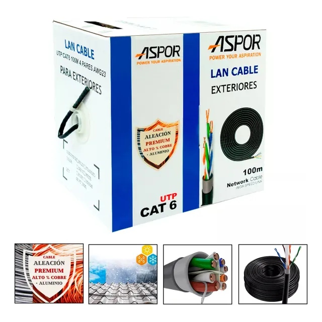 cable de Red utp Bobina 100mts cat6a exterior Marca Aspor Ultra Resistente En Caja Premium Color Negro 23awg Intemperie 2100as cobre aleación 10gbps Alta Velocidad 500Mhz Banda Ancha RJ45 Lan Ethernet