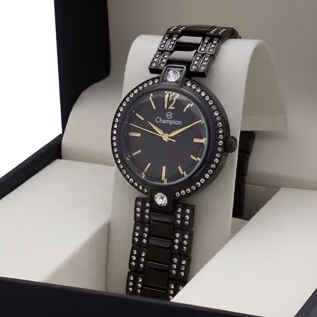 Relogio Feminino Preto Champion Luxo Full Black Crystal Dourado Dourado
