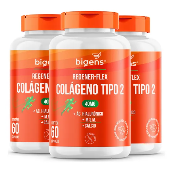 Kit 3x Regener Flex, Colágeno Tipo 2 40mg, Ácido Hialurônico, M.s.m, Cálcio, Bigens, 180 Cápsulas