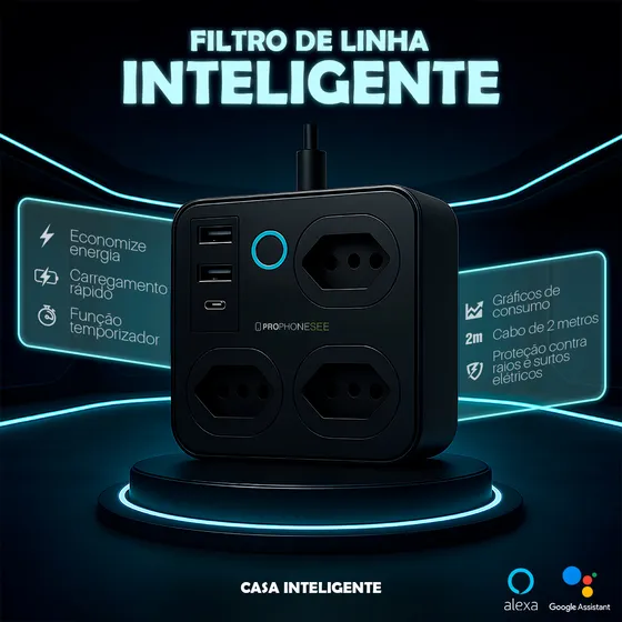 Filtro De Linha Profissional Inteligente Alexa Usb Tipo C Wifi Led 127/220V Fusível Usb-c Extensão Elétrica Régua Energia Rack Protetor Eletrônico Dps Surto Múltiplas Tomadas Geladeira Computador Tuya