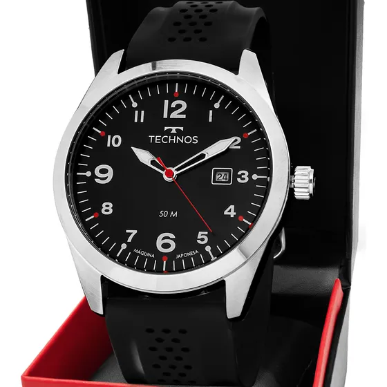 Relógio Masculino Technos Militar 2115tyr/1e Prateado Correia Preto Fundo Preto