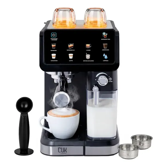 Cafetera Expreso CUK By Gadnic Semi Automatica 20 Bar 1350W Pantalla Tactil Iluminada Deposito De Agua 1.5 Litros Deposito De Leche 500 ml 7 Bebidas Funcion Autolimpieza Espumador Integrado
