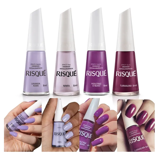 Risque Kit 4 Esmalte Atacado Tons Roxo Cremoso Vegano 8ml