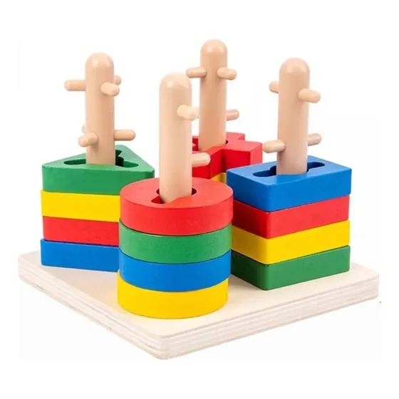 Torre X 4 Encastre Madera Didáctico Dificultad Colores Promo