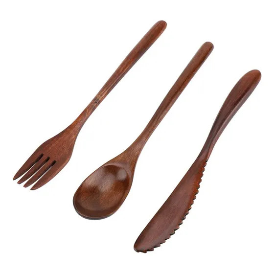 Juego De Cubiertos De Madera Mango Largo Ecológicos 3pcs,cubiertos Acero Inoxidable,juego De Cubiertos De Acero Inoxidable,juego Cubiertos