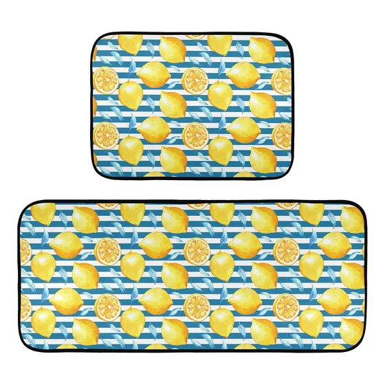 Alaza Juego 2 Alfombra Cocina Raya Amarilla Color Azul Limon