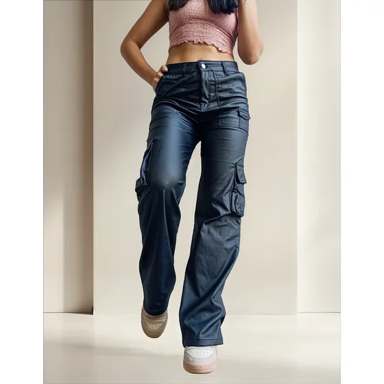 Pantalon Wide Leg Engomado Soluna Moda Modelo Cargo