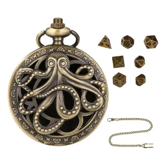 Mini Set De 7 Dados Dyd D&d Rol Estuche Tipo Reloj Y Cadena Dorado Oscuro