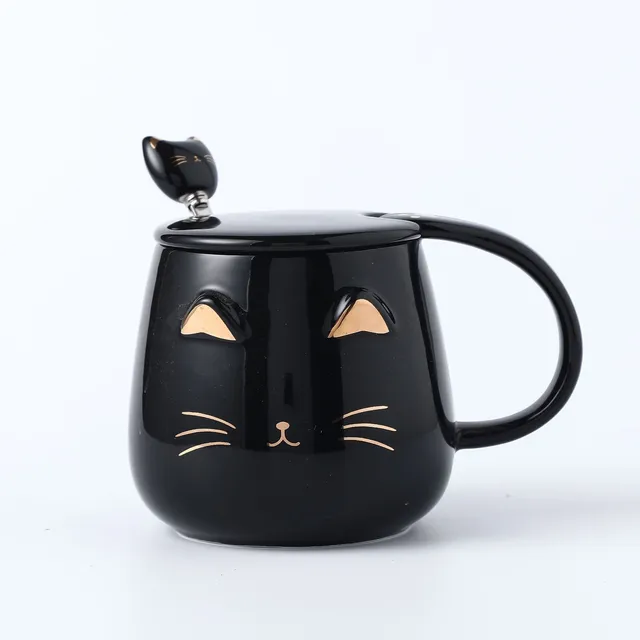 Taza De Cerámica Gato Kawaii Incluye Tapa Y Cucharita 400ml
