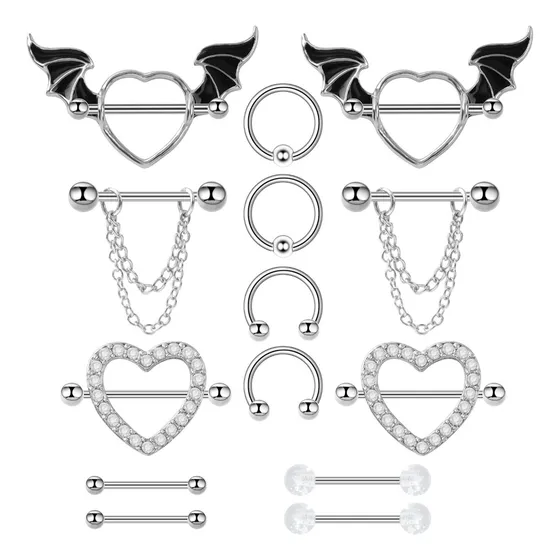14 Piezas Piercing Pezon Nipple Set Corazon Y Varios 14g